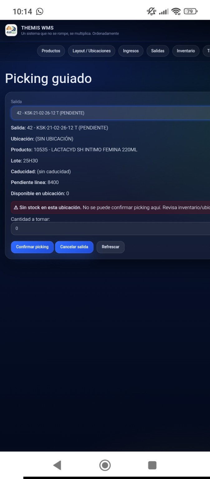 Captura real de THEMIS WMS mostrando el proceso de picking guiado y el bloqueo por falta de inventario